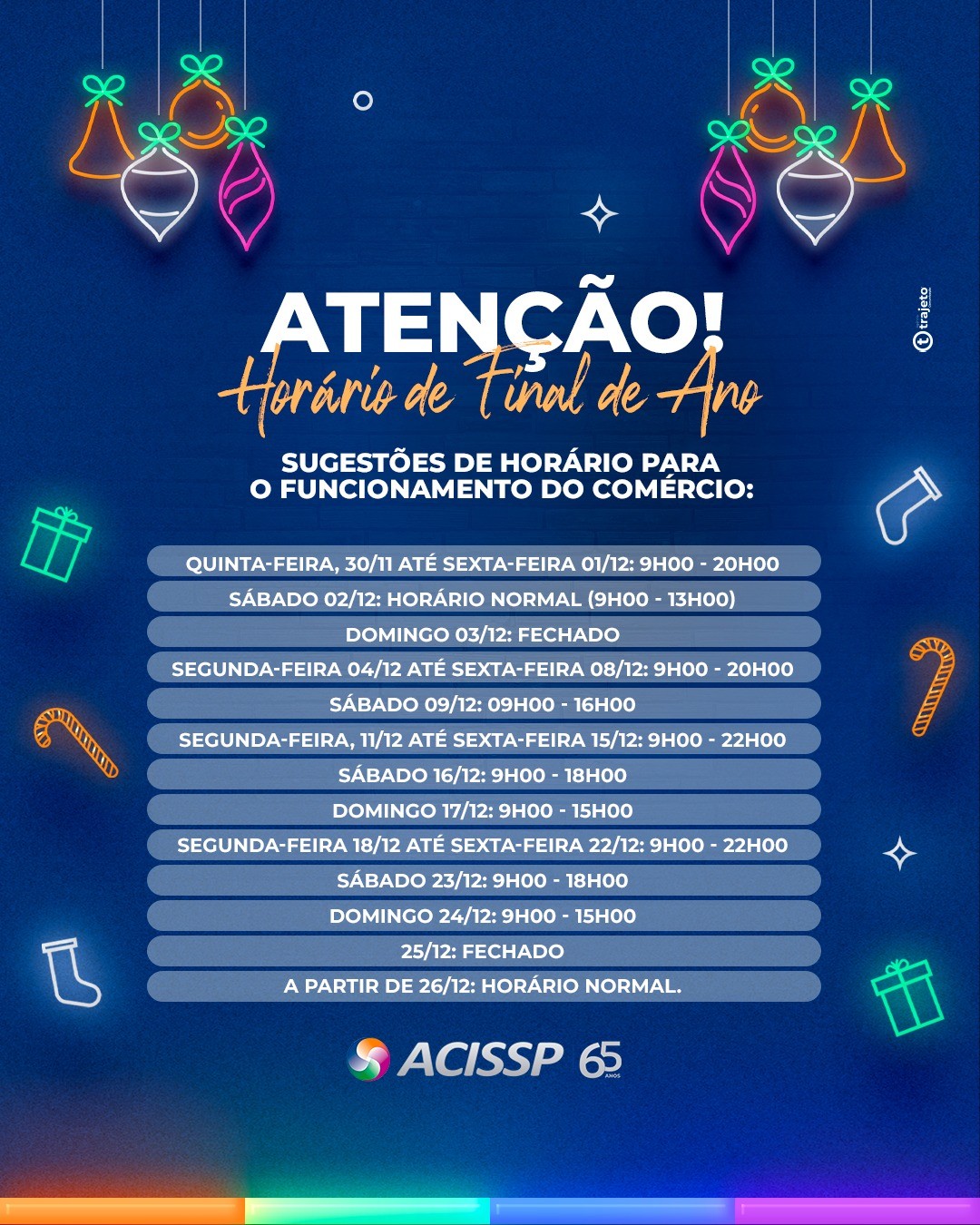 ACISSP PROPÕE DATAS E HORÁRIOS PARA FUNCIONAMENTO DO COMÉRCIO NO MÊS DE DEZEMBRO